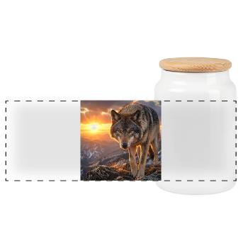 Wolf in sunset mountain - Panoramic Cookie Jar with Wooden Lid - white - Front