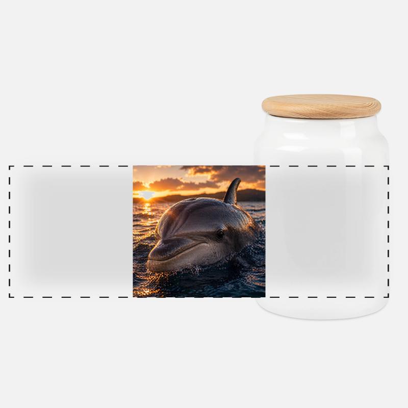 Delfin bei Sonnenuntergang - Panorama Keksdose mit Holzdeckel - Weiß