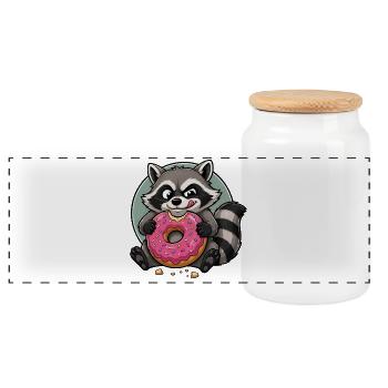 Raccoon with pink donut - Panoramic Cookie Jar with Wooden Lid - white - Front