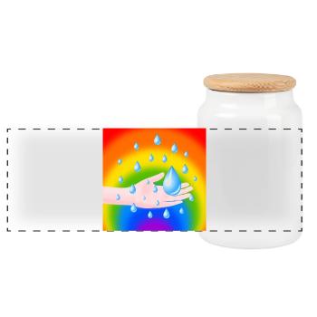 Rainbow Rain Drop and a Hand - Panoramic Cookie Jar with Wooden Lid - white - Front