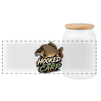 Hooked On Carp Lustiges Karpfenfischen-Design - Panorama Keksdose mit Holzdeckel - Weiß - Vorne
