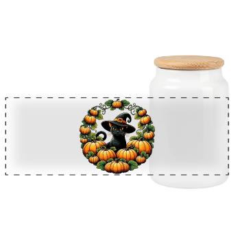 Chat Sorcière du Cercle de Citrouilles - Boîte à biscuits avec couvercle en bois - blanc - Devant