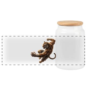 Springender Tiger  - Panorama Keksdose mit Holzdeckel - Weiß - Vorne