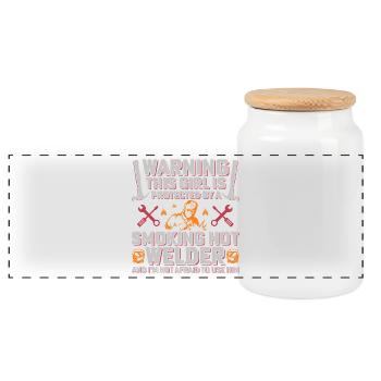 Warning Welder Protects His Girl - Panoramic Cookie Jar with Wooden Lid - white - Front
