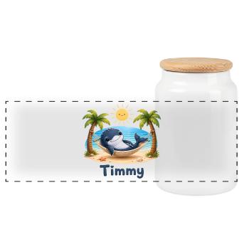 Timmy the Whale at the Beach Hammock - Panoramic Cookie Jar with Wooden Lid - white - Front