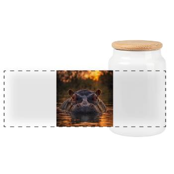 Sunset, hippopotamus in the water - Panoramic Cookie Jar with Wooden Lid - white - Front