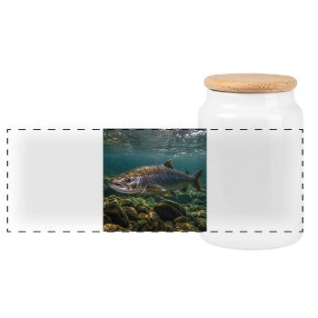 Salmon underwater motif - Panoramic Cookie Jar with Wooden Lid - white - Front