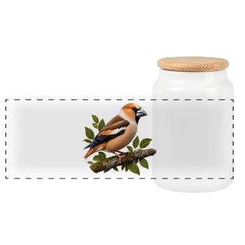 Hawfinch on mossy branch – true-to-life Illust - Panoramic Cookie Jar with Wooden Lid - white - Front