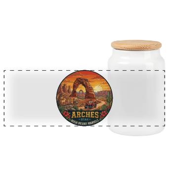 Delicate Arch Utah National Park Sunset - Panoramic Cookie Jar with Wooden Lid - white - Front
