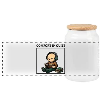 Silence while reading with headphones - Panoramic Cookie Jar with Wooden Lid - white - Front