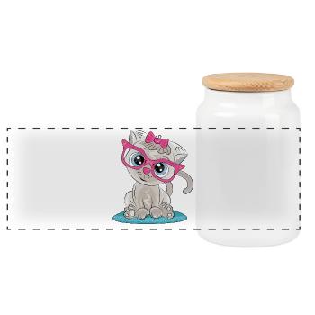 Kitten with Pink Glasses and Bow - Panoramic Cookie Jar with Wooden Lid - white - Front
