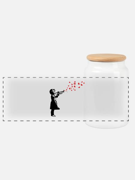 Mädchen und Schmetterlinge mit Trompete, Banksy-Stil. - Panorama Keksdose mit Holzdeckel - Weiß