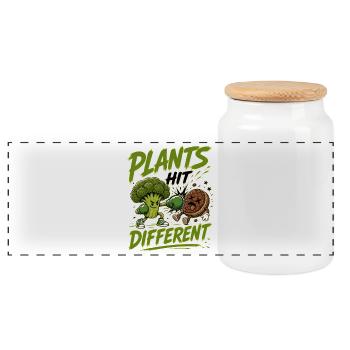 Plants Hit Different - Lustig Veggie/Vegan Design - Panorama Keksdose mit Holzdeckel - Weiß - Vorne