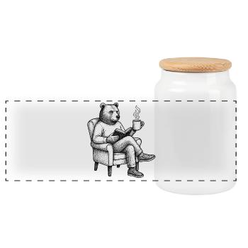 Bärenleser mit Buch und Tasse - Panorama Keksdose mit Holzdeckel - Weiß - Vorne