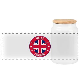 Wells England Circle Flag Badge - Panoramic Cookie Jar with Wooden Lid - white - Front