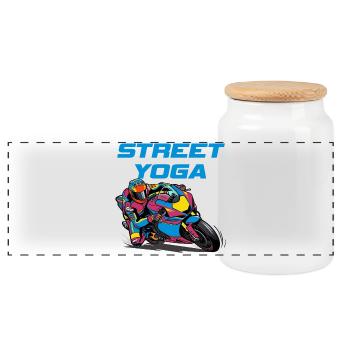 Street Yoga - Motorcycling - Panoramic Cookie Jar with Wooden Lid - white - Front
