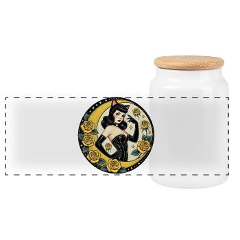 Mondbeschienenes Pinup-Katzenmädchen und Rosen - Panorama Keksdose mit Holzdeckel - Weiß - Vorne