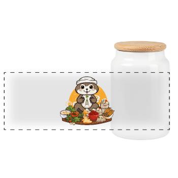 Otter mit Festmahl – Cartoon-Charme - Panorama Keksdose mit Holzdeckel - Weiß - Vorne