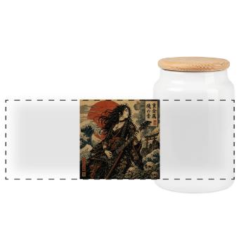 Ukiyoe-Gitarrenheldin mit rotem Sonnenuntergang - Panorama Keksdose mit Holzdeckel - Weiß - Vorne