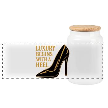Luxury High Heel – Noble Gold Design Saying - Panoramic Cookie Jar with Wooden Lid - white - Front