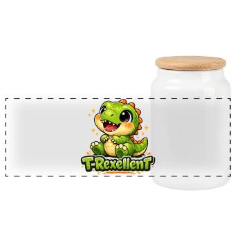 Cute Baby T-Rex T-Rexcellent Dino Pun - Panoramic Cookie Jar with Wooden Lid - white - Front