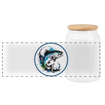 Springender Lachs - Panorama Keksdose mit Holzdeckel - Weiß - Vorne