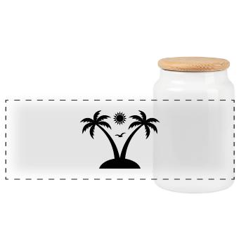Tropical Island Sticker - Palm and Sun Design - Panoramic Cookie Jar with Wooden Lid - white - Front