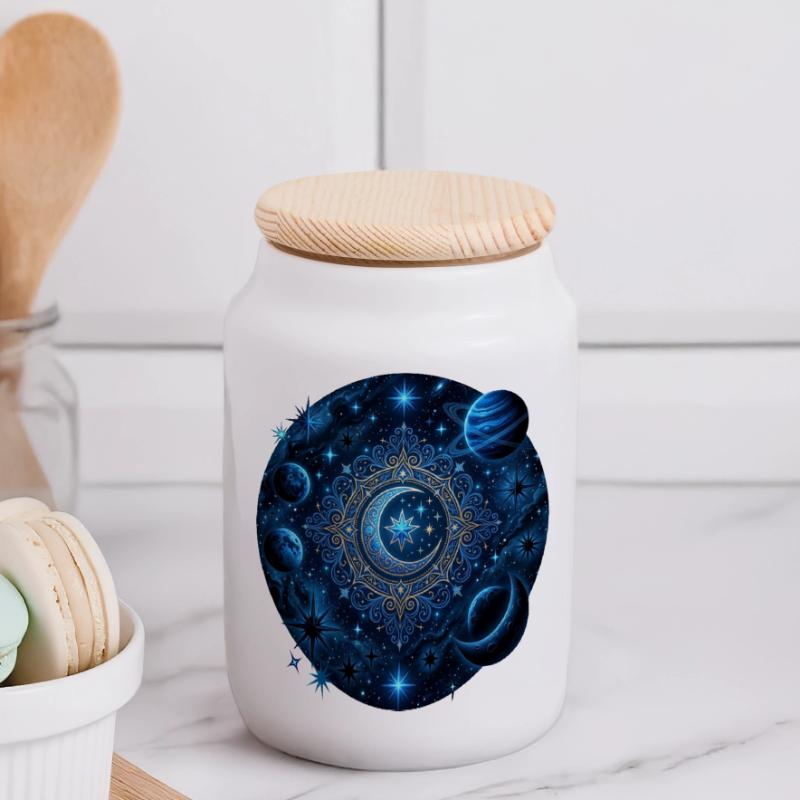 Space Planets Galaxies Stars Moons Panoramic Cookie Jar with Wooden Lid