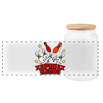 Pin Helden Cartoon-Bowling - Panorama Keksdose mit Holzdeckel - Weiß - Vorne