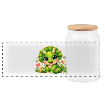 Cute Triceratops – Little Baby Dinosaur - Panoramic Cookie Jar with Wooden Lid - white - Front