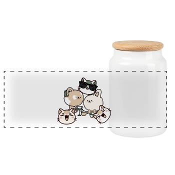 Kawaii Coffee Break: Cat with Hearing Aid - Panoramic Cookie Jar with Wooden Lid - white - Front