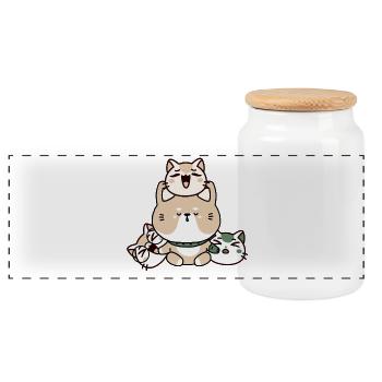 Kawaii Zen Meditationskatze mit Handprothese - Panorama Keksdose mit Holzdeckel - Weiß - Vorne