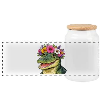 Krokodil mit Blumenschmuck  - Panorama Keksdose mit Holzdeckel - Weiß - Vorne