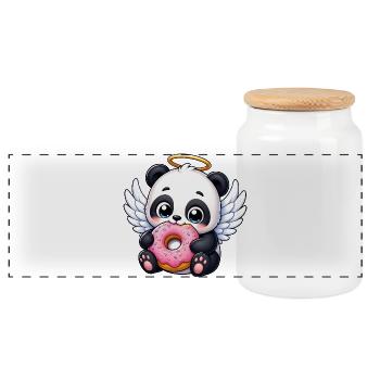 Cute Panda Angel with Wings and Donut Cartoon - Panoramic Cookie Jar with Wooden Lid - white - Front