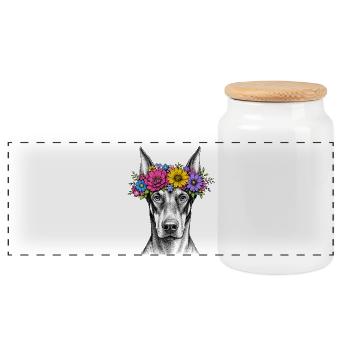 Hund mit Blumenkrone - Panorama Keksdose mit Holzdeckel - Weiß - Vorne