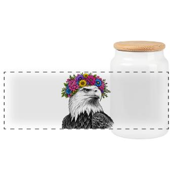 Flower Crown Eagle Portrait - Panoramic Cookie Jar with Wooden Lid - white - Front