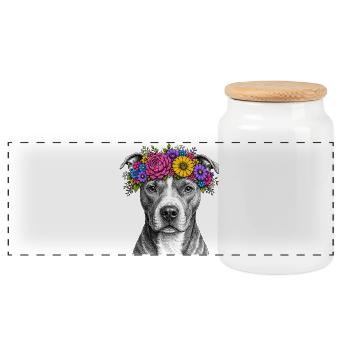 Motif de chien couronne de fleurs - Boîte à biscuits avec couvercle en bois - blanc - Devant