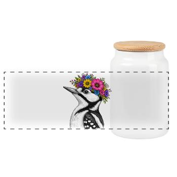 Flower Wreath Bird - Panoramic Cookie Jar with Wooden Lid - white - Front
