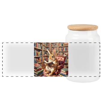 Bibliothekskaninchen Lesenporträt - Panorama Keksdose mit Holzdeckel - Weiß - Vorne