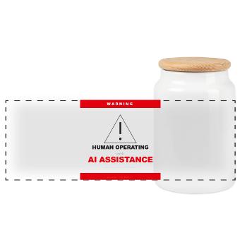 WARNING: HUMAN OPERATING WITH AI ASSISTANCE - Panoramic Cookie Jar with Wooden Lid - white - Front