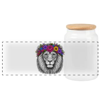 Löwenkopf mit Blumenkranz - Panorama Keksdose mit Holzdeckel - Weiß - Vorne