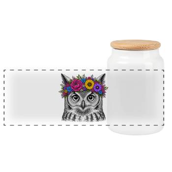 Tête de hibou avec couronne de fleurs - Boîte à biscuits avec couvercle en bois - blanc - Devant