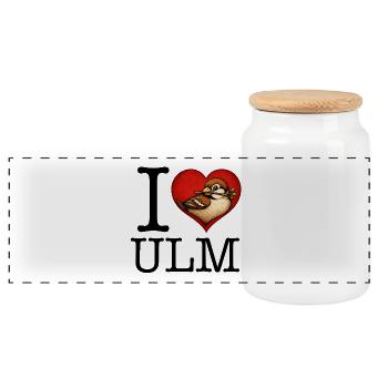 Ulm Motiv 6 Ulmer Spatz I Love Ulm Design - Panorama Keksdose mit Holzdeckel - Weiß - Vorne