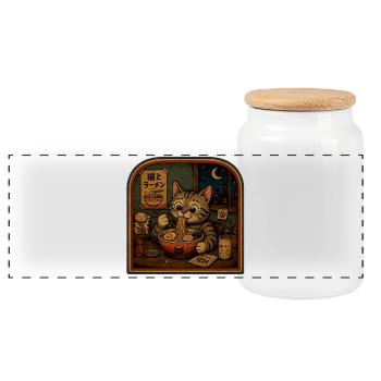 Katze beim Ramenessen - Panorama Keksdose mit Holzdeckel - Weiß - Vorne