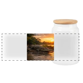 Sunset and crocodile by the river - Panoramic Cookie Jar with Wooden Lid - white - Front