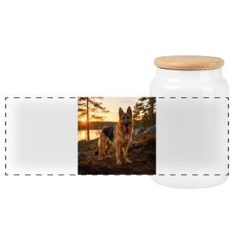 Deutscher Schäferhund bei Sonnenuntergang - Panorama Keksdose mit Holzdeckel - Weiß - Vorne