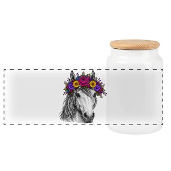 Horse with flower wreath - Panoramic Cookie Jar with Wooden Lid - white - Front