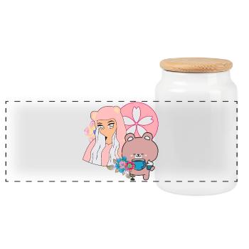 Kawaii Bear & Heure du thé inclusif - Boîte à biscuits avec couvercle en bois - blanc - Devant