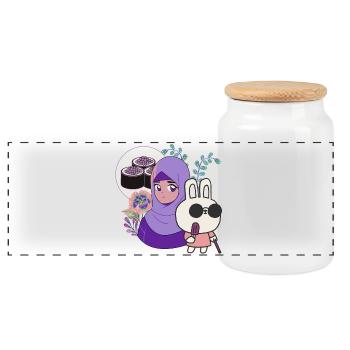 Kawaii Sushi & Bunny with Walking Cane - Panoramic Cookie Jar with Wooden Lid - white - Front