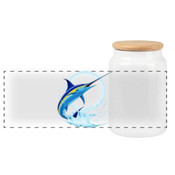 Blauer Marlin-Schwertfisch springt aus dem Ozean - Panorama Keksdose mit Holzdeckel - Weiß - Vorne